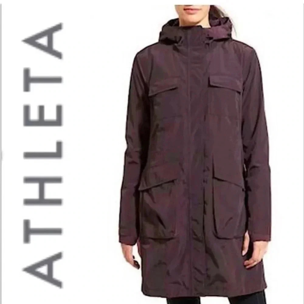 Athleta Downpour Coat Waterproof Mid Length Hooded Purple Full Zip: XXS